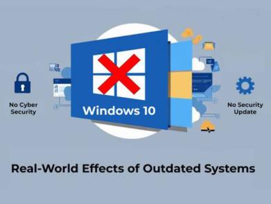Windows 10 logo with red X indicating outdated system and no security.